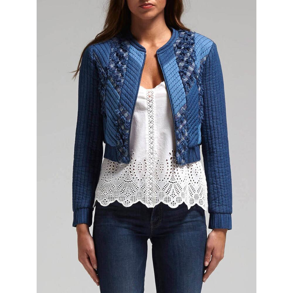 Rebecca Taylor Patch Chambray Cropped Jacket Quilted Full Zip Blue Cotton Sz S‎